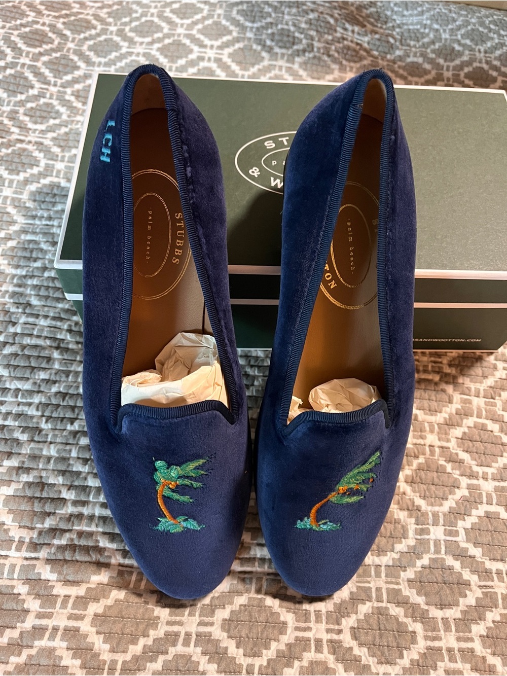 Stubbs & Wootton Navy Velvet Palm Tree Embroidered Loafers